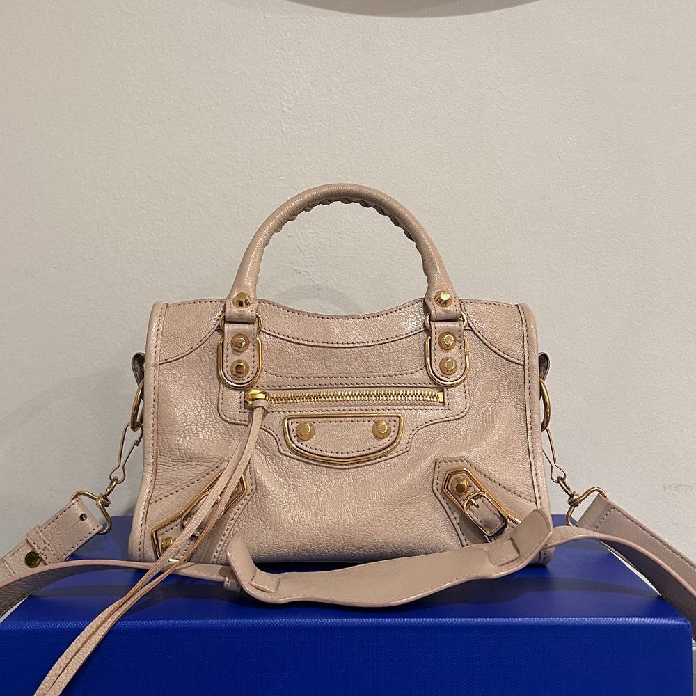Auth Balenciaga Chevre Gold Metallic Edge Hardware Mini City Beige Latte